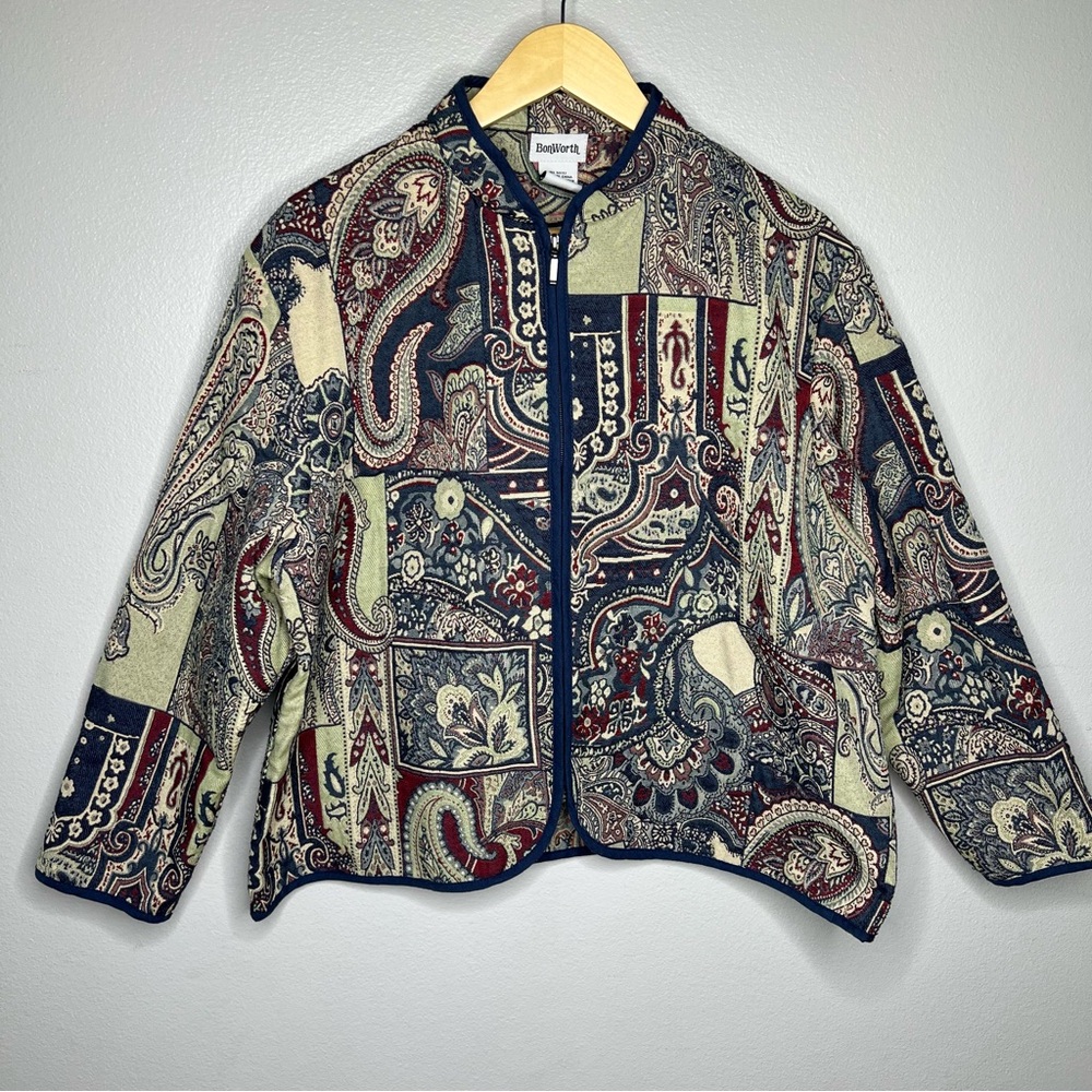 Bon Worth Boxy Paisley Tapestry Zip-Up Jacket Grandma Chic Cottage - L Petite